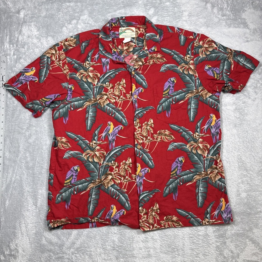 Paradise Found Shirt Mens XL Red Parrot Magnum PI Hawaiian Button Up Cotton